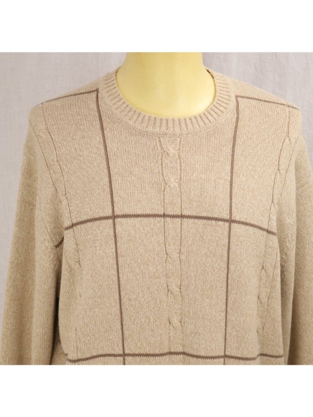 Eclectic Grandpa Dockers Sweater Men L Beige Cable Knit Pullover Brown Plaid VTG - Picture 4 of 12